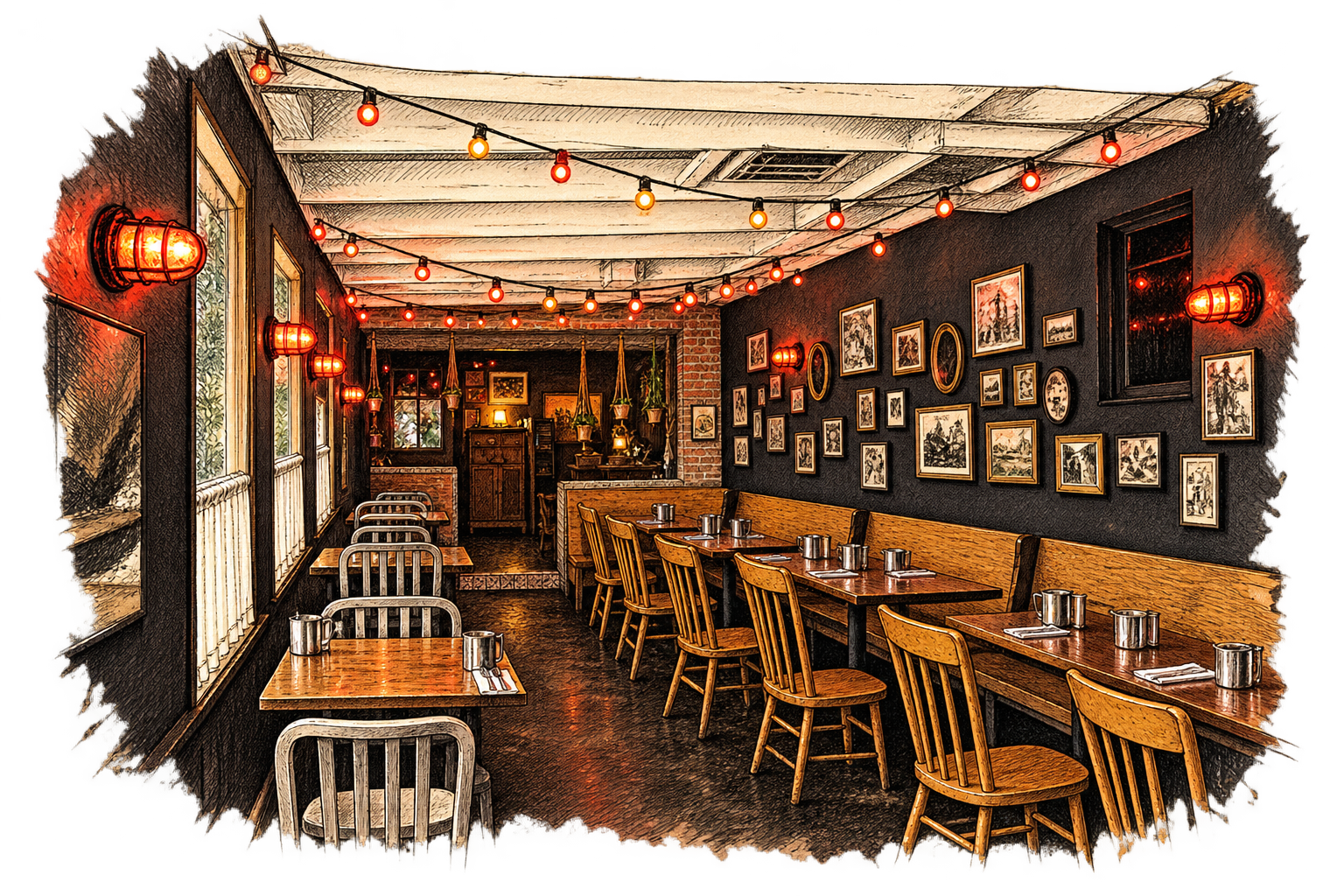 Ink illustration based on Glai Baan’s dining room, with string lights, wooden seating, and framed pictures